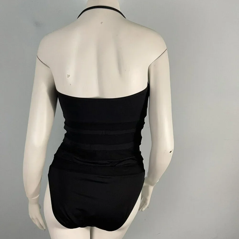 La Blanca‎ Halter Sheer Striped Slimming One Piece Swimwear Black Size 10
